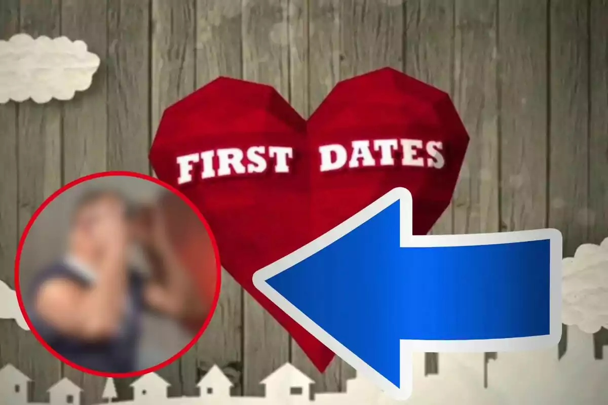 Logotip de First Dates amb un cor vermell al centre, una fletxa blava gran apuntant cap a l’esquerra i una figura borrosa dins d’un cercle vermell a l’esquerra