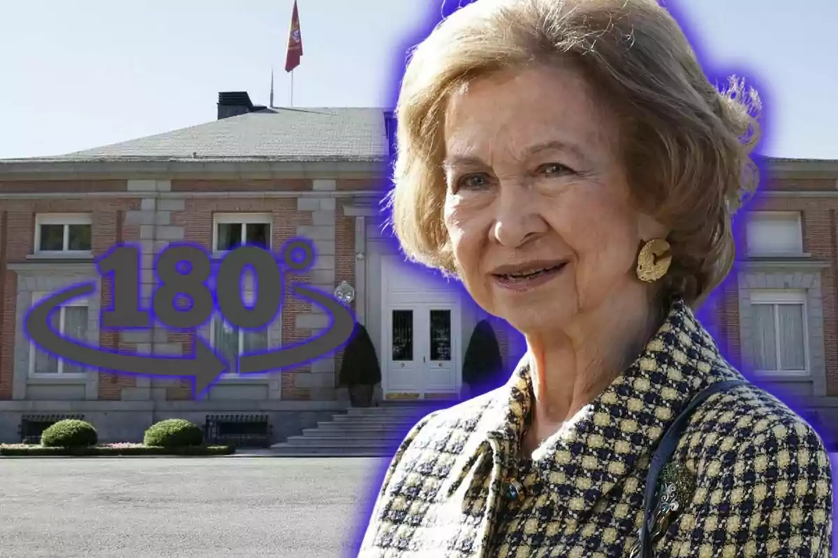 Dona gran somrient en primer pla amb fons d’edifici oficial i un gràfic de 180 graus amb fletxa blava