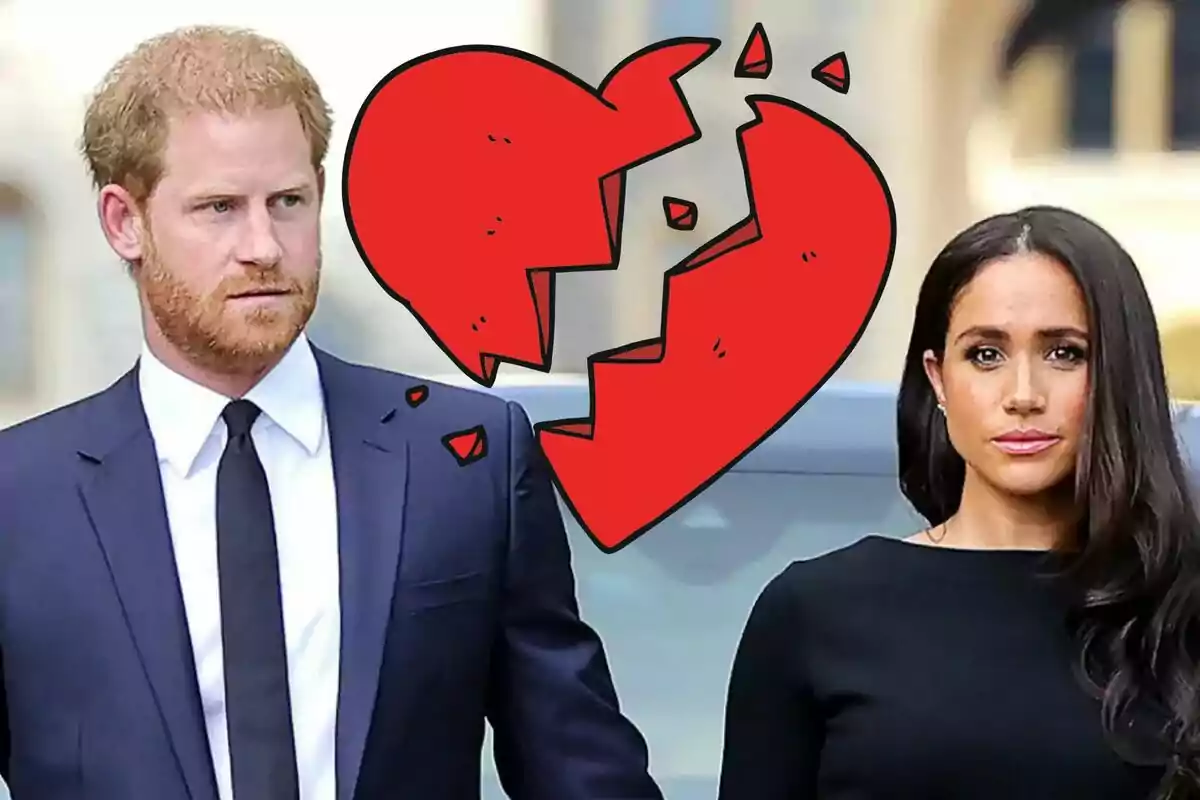 A formally dressed couple appears serious while a large broken red heart is drawn between them.