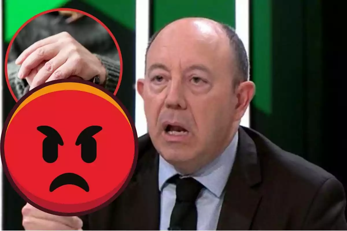 Home calb amb expressió seriosa en un plató de televisió amb un emoji d’enfadament i una imatge de mans superposades a la cantonada