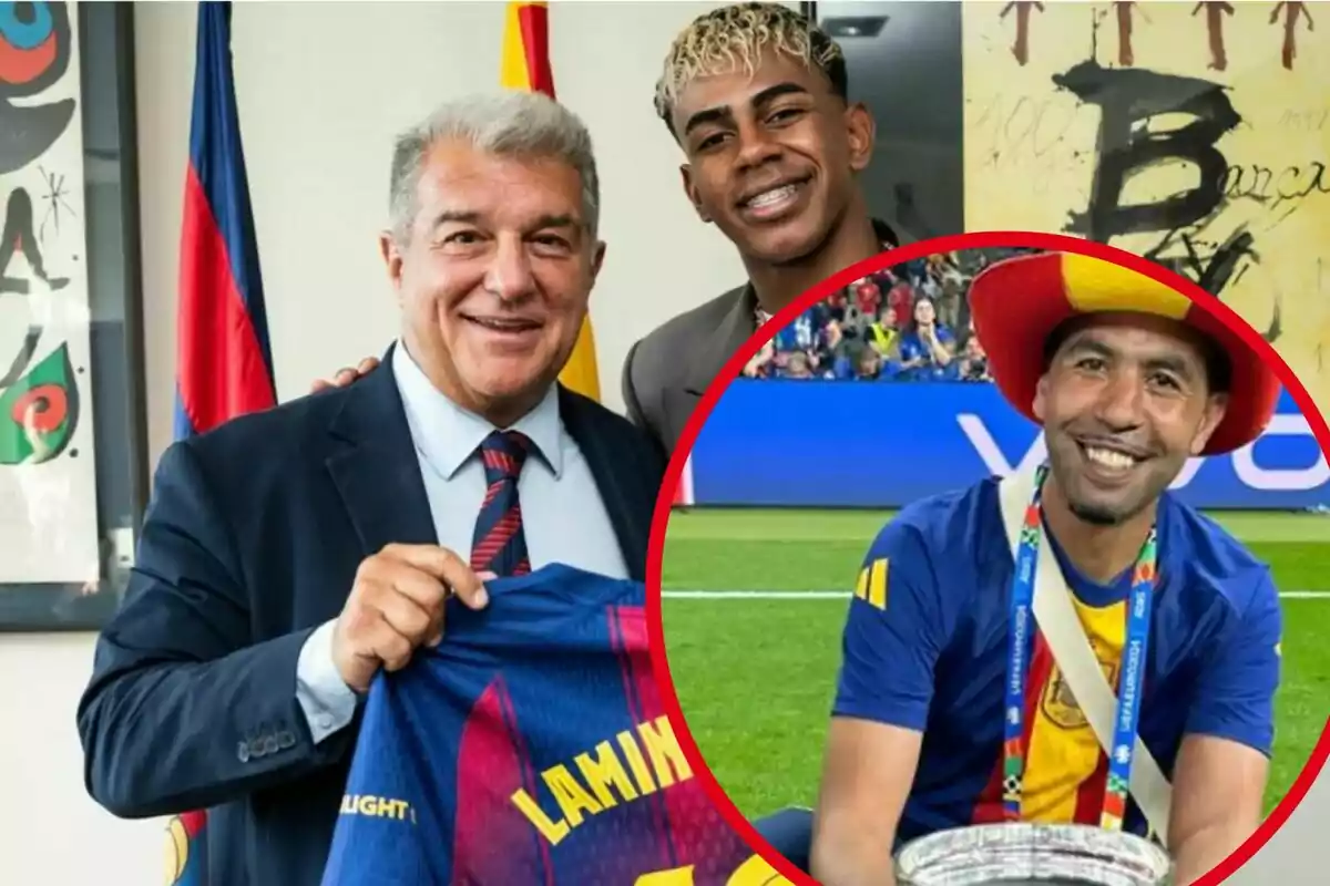Un hombre de traje sostiene una camiseta de fútbol junto a un joven sonriente, mientras en la esquina inferior derecha aparece otra persona con sombrero y camiseta del mismo equipo celebrando en un estadio.