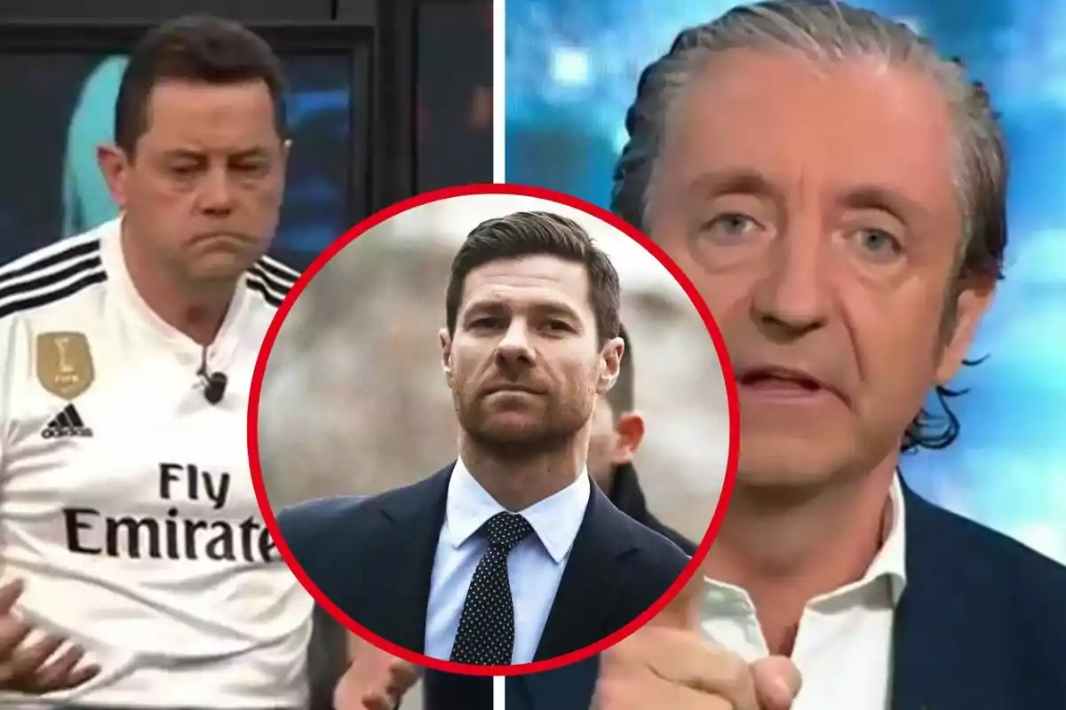 Dos homes en un programa de televisió esportiva amb la imatge d’un home amb vestit dins d’un cercle vermell al centre