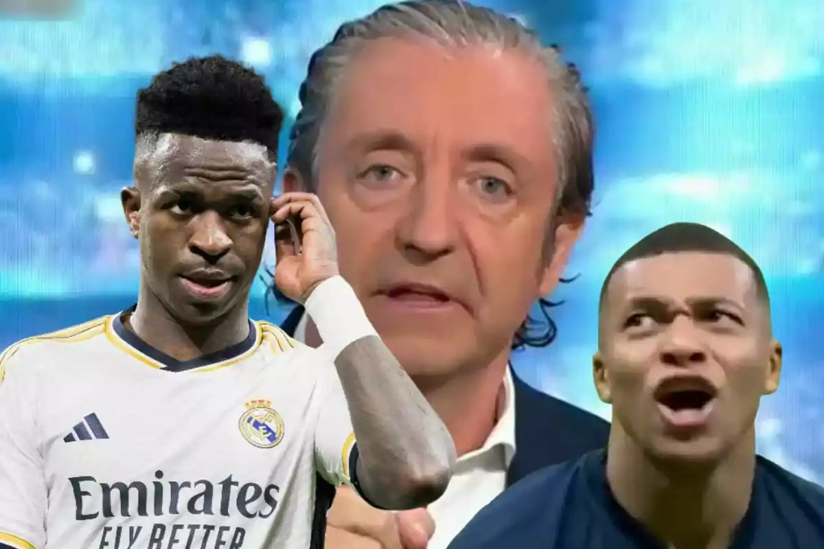 Tres personas en un montaje digital, un futbolista con camiseta blanca a la izquierda, un hombre de cabello canoso al centro y otro futbolista con camiseta oscura a la derecha, todos con expresiones serias o intensas