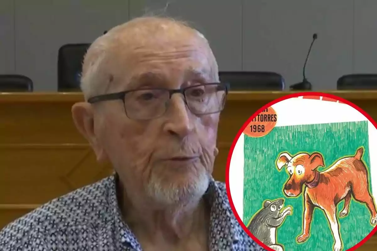 Home gran amb ulleres en una sala de conferències i un cercle que mostra una il·lustració d’un gos i un ratolí sobre fons verd