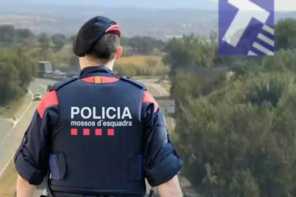 Agente de los Mossos d'Esquadra de espaldas observando una carretera rodeada de árboles