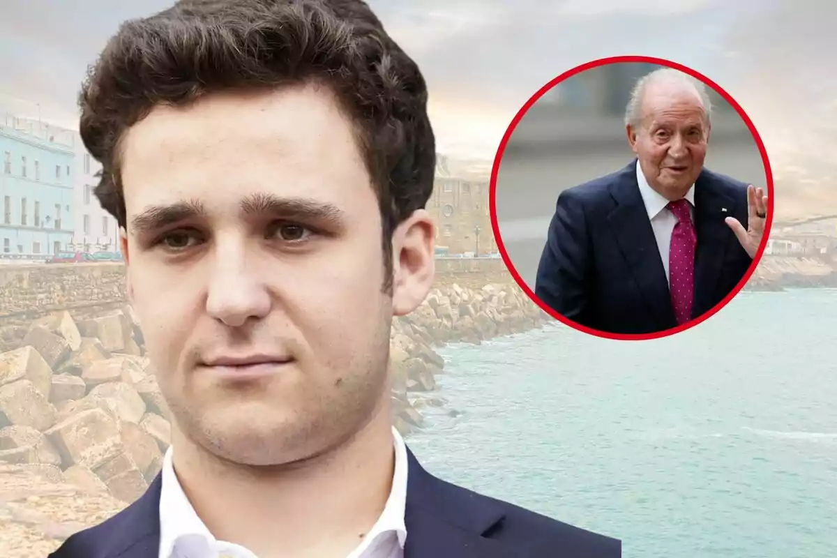 Un joven de cabello rizado aparece en primer plano con el mar y un rompeolas de fondo, mientras que en la esquina superior derecha hay un círculo rojo que enmarca a un hombre mayor vestido con traje oscuro y corbata fucsia saludando.