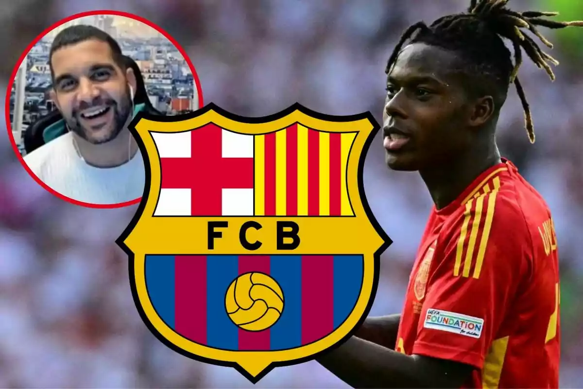 Un jugador de fútbol con uniforme rojo y amarillo aparece junto al escudo del FC Barcelona y una persona sonriente en un recuadro circular en la esquina superior izquierda.