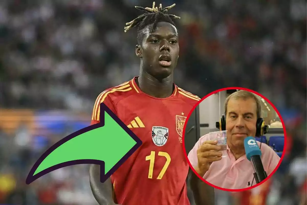 A player wearing the Spain jersey with an edited crest on the chest, next to a green arrow and a box showing an older man wearing headphones and holding a glass in front of a microphone.