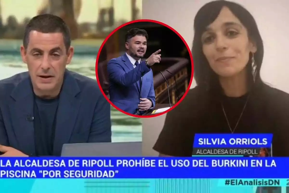 Un presentador de televisió i una dona en videotrucada apareixen en pantalla dividida, amb un requadre al centre que mostra un home amb vestit blau parlant en un faristol, mentre a la part inferior es llegeix un titular sobre la prohibició del burquini en una piscina per motius de seguretat.