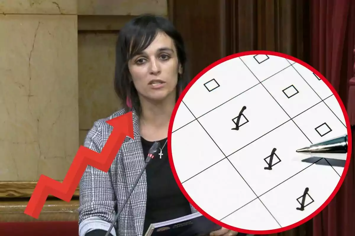 Dona parlant en un recinte oficial amb un gràfic de fletxa vermella ascendent i una lupa mostrant un full amb caselles marcades amb bolígraf.