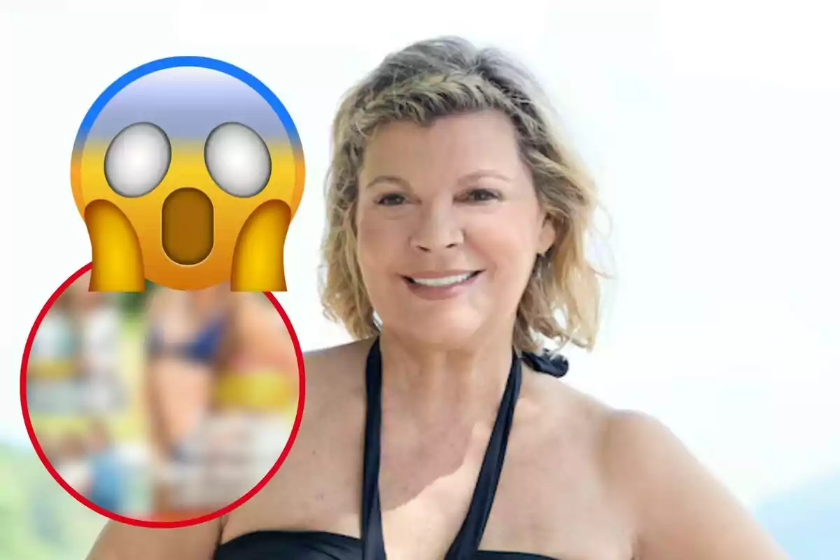 Mujer sonriente con traje de baño negro y fondo claro, junto a un emoji de sorpresa y un círculo borroso