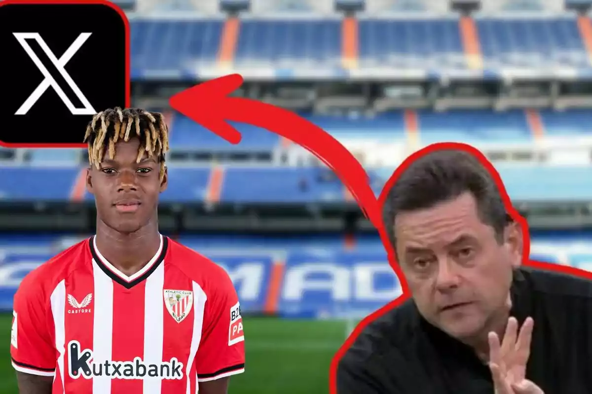 Un futbolista con uniforme del Athletic Club aparece junto a un hombre de cabello oscuro, ambos sobre el fondo de un estadio, con una flecha roja que conecta el logo de X en la esquina superior izquierda