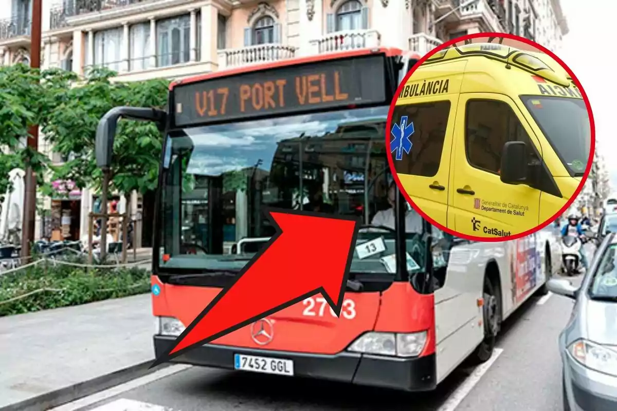 Autobús de la línia V17 en un carrer de la ciutat amb una fletxa vermella assenyalant i un requadre mostrant una ambulància groga