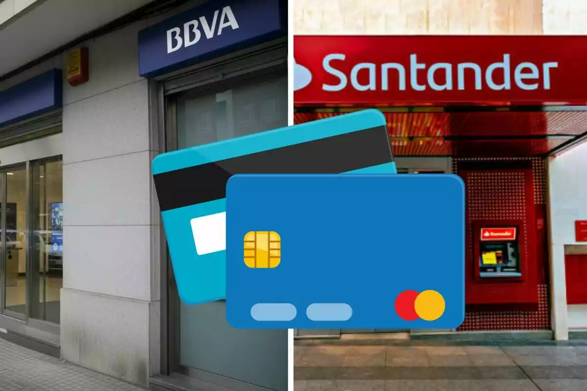 Façanes dels bancs BBVA i Santander amb il·lustracions de targetes bancàries al centre