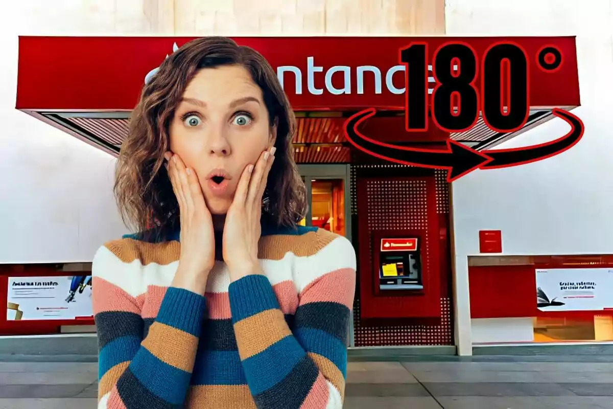 Mujer sorprendida frente a una sucursal bancaria con un letrero grande que dice 180° y una flecha curva