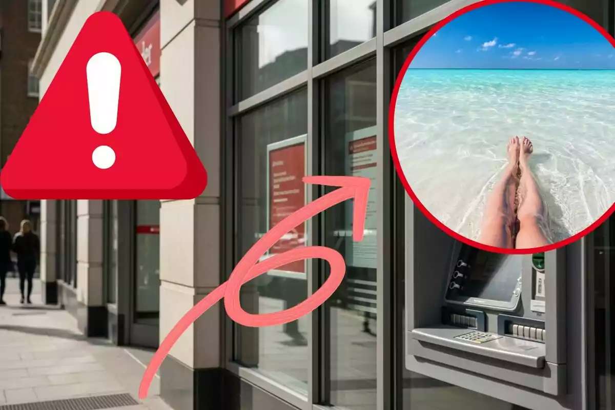 Façana de banc amb un caixer automàtic, un símbol d’advertència vermell i una imatge circular d’una persona relaxant-se a la platja