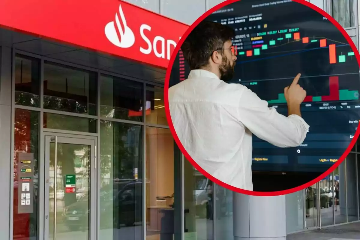 Façana d’un banc amb un requadre que mostra un home analitzant gràfics financers en una pantalla