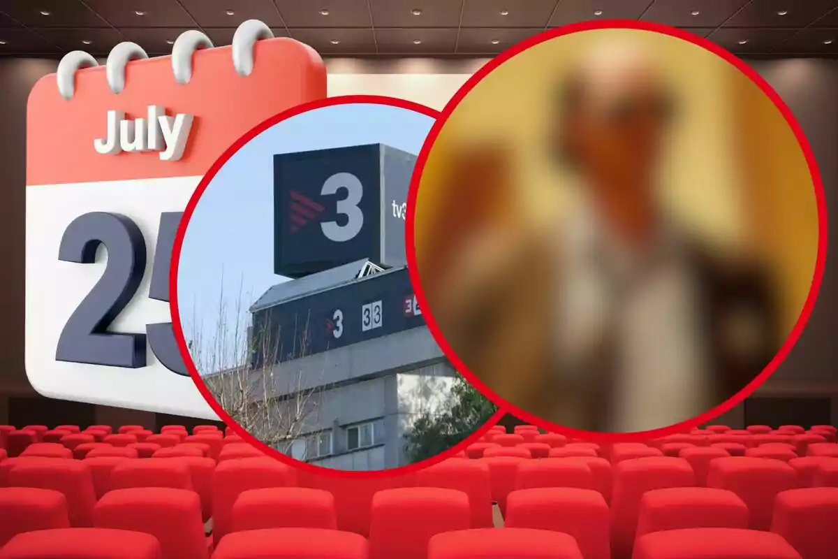 Calendari amb la data 25 de juliol, dos cercles vermells mostren l’edifici de TV3 i una persona desenfocada, tot sobre un fons de butaques vermelles en una sala.