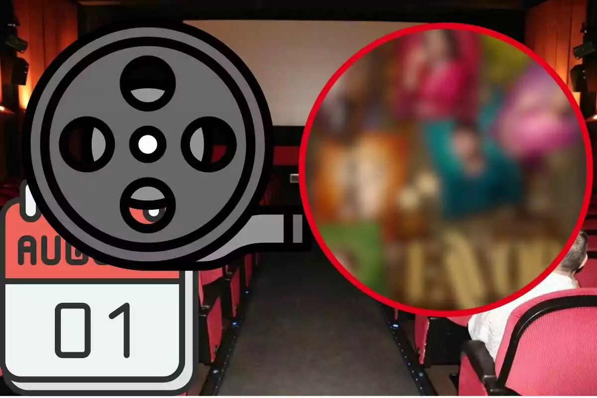 Sala de cinema amb seients vermells, una bobina de pel·lícula, un calendari amb la data u d’agost i una imatge borrosa dins d’un cercle vermell