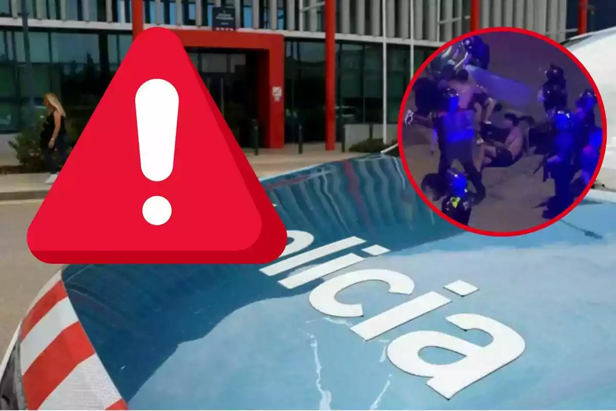 Un coche de policía con un símbolo de advertencia rojo y una imagen circular de un operativo policial en la esquina superior derecha