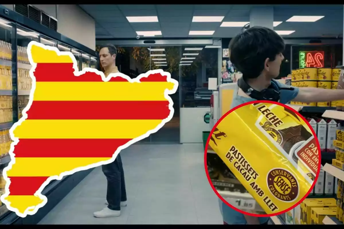 Un supermercat amb una persona comprant, un mapa de Catalunya amb la bandera superposada i un primer pla d’un paquet de pastissets amb text en català
