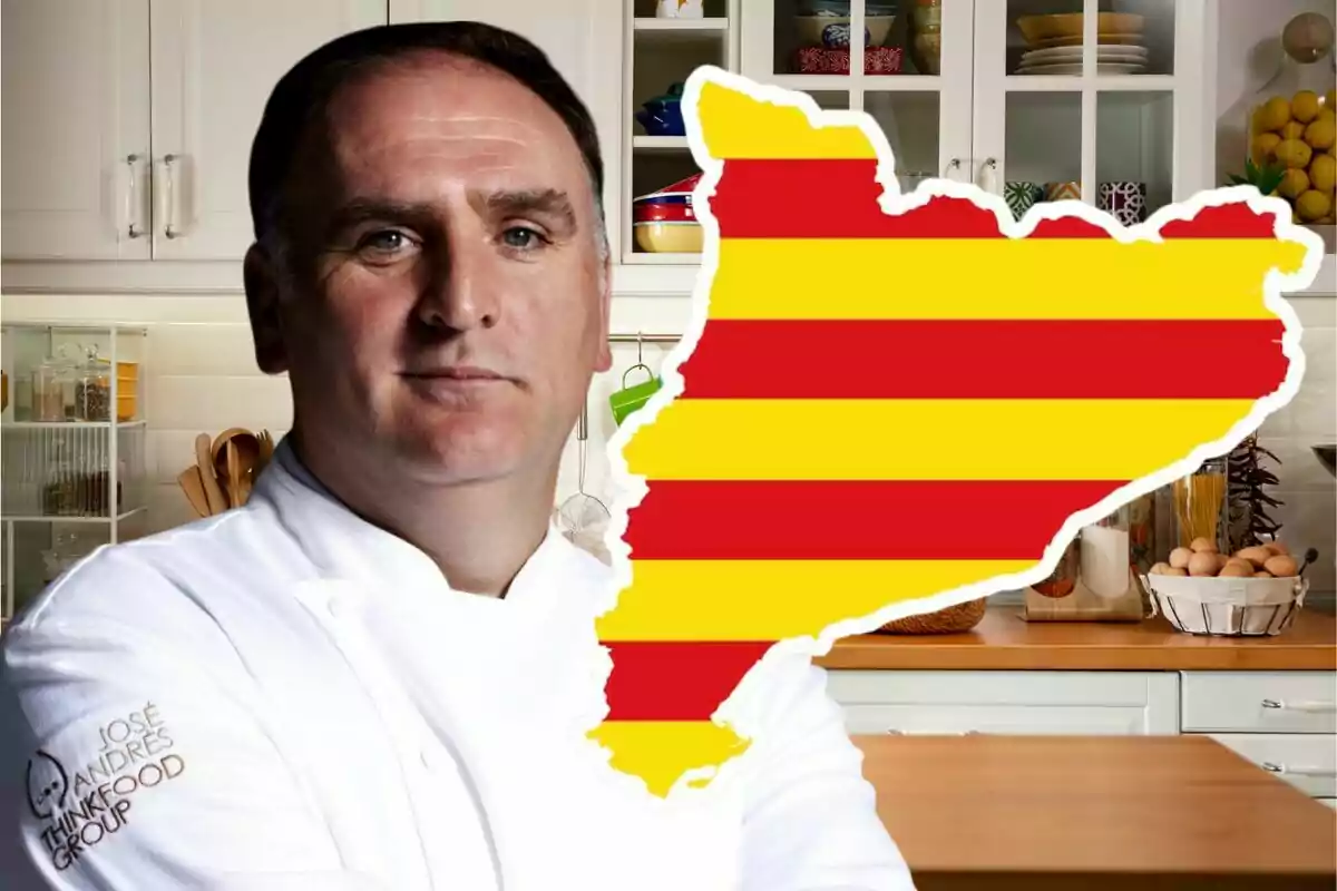 Xef amb jaqueta blanca en una cuina al costat d’una silueta de Catalunya amb franges vermelles i grogues