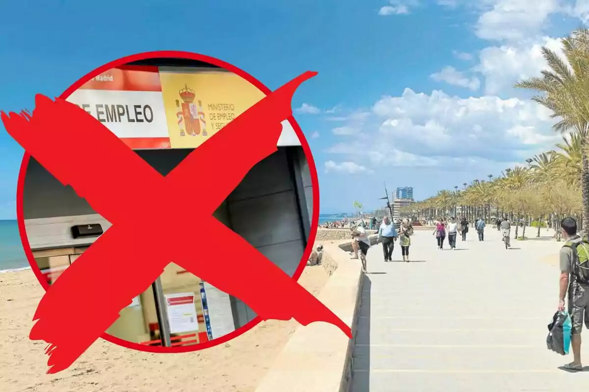 Imatge d’un passeig marítim amb persones caminant al costat de la platja i un gran símbol de creu vermella sobre una oficina d’ocupació, suggerint el contrast entre vacances i feina.