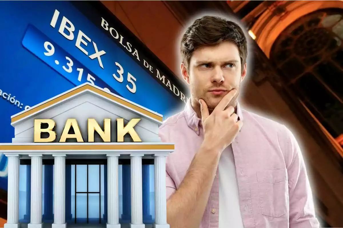 Home pensatiu davant d’un edifici bancari i una pantalla de la borsa de Madrid amb l’índex IBEX 35.