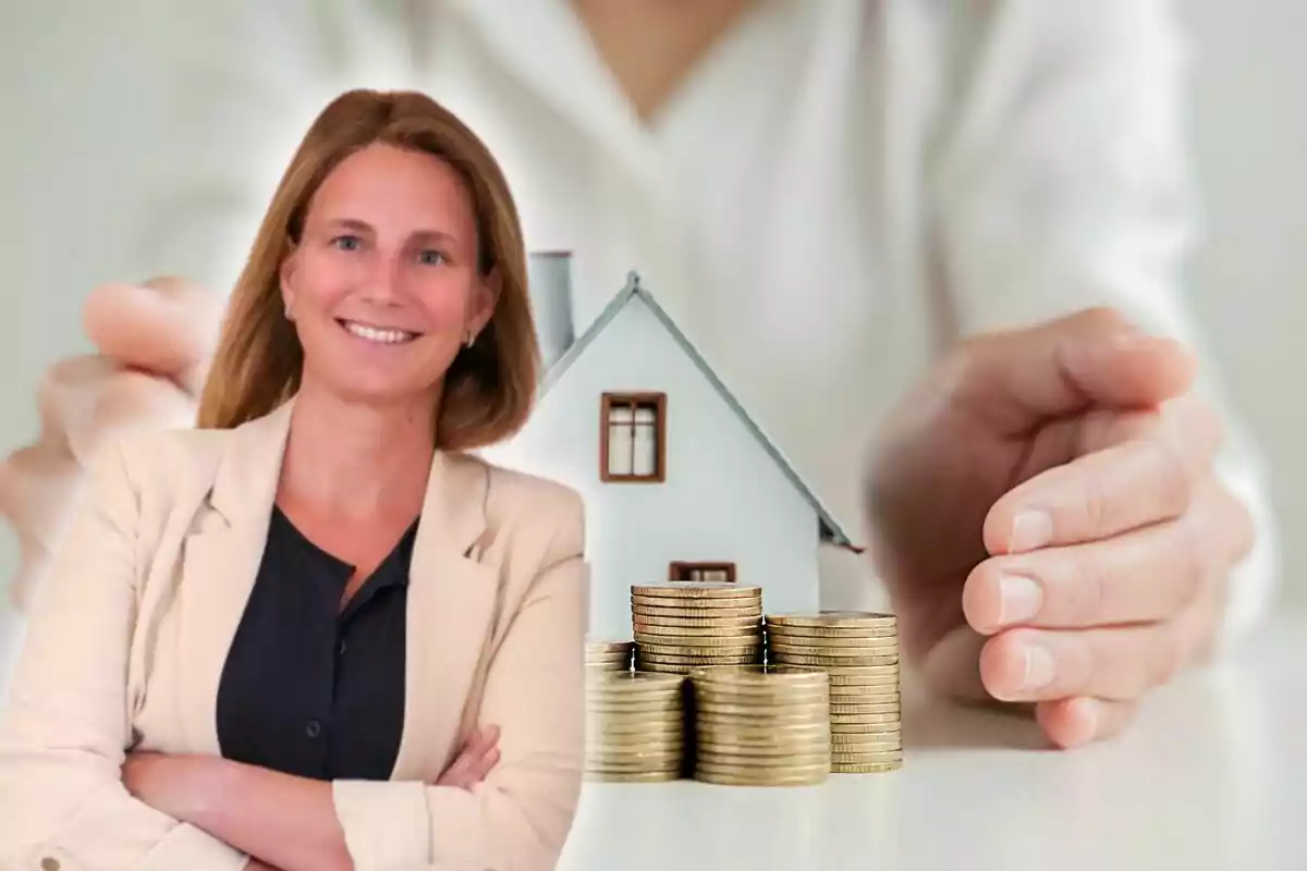 Smiling woman with crossed arms in front of a miniature house and several stacks of coins with hands in the background