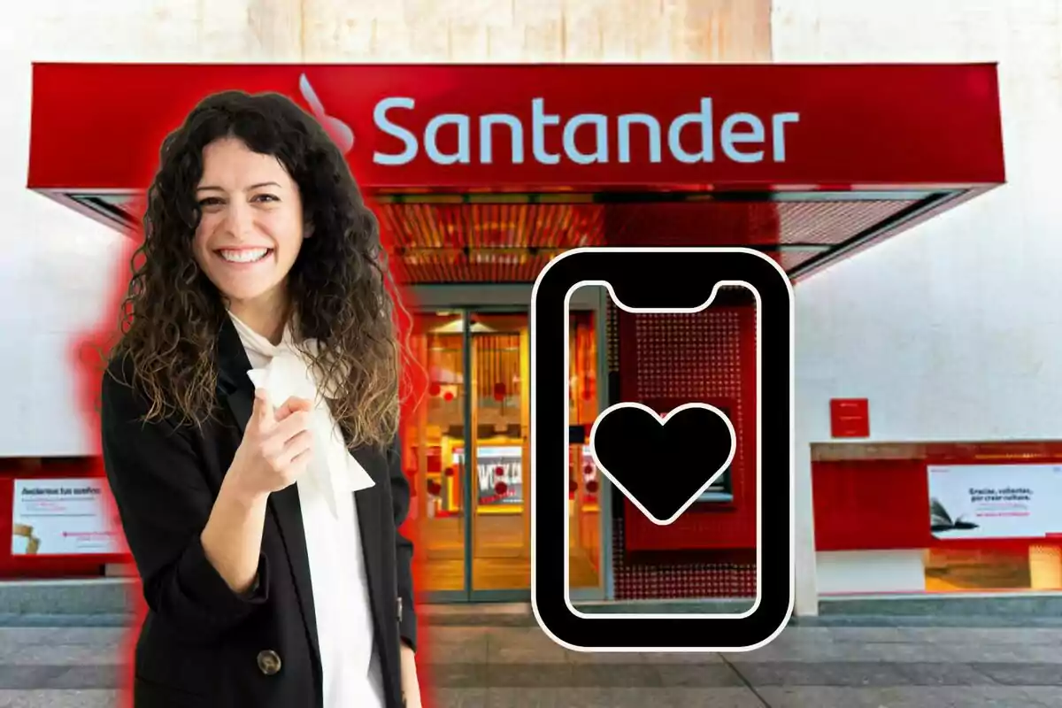 Dona somrient assenyalant al davant davant d’una sucursal de Santander amb una icona de telèfon mòbil i un cor al centre