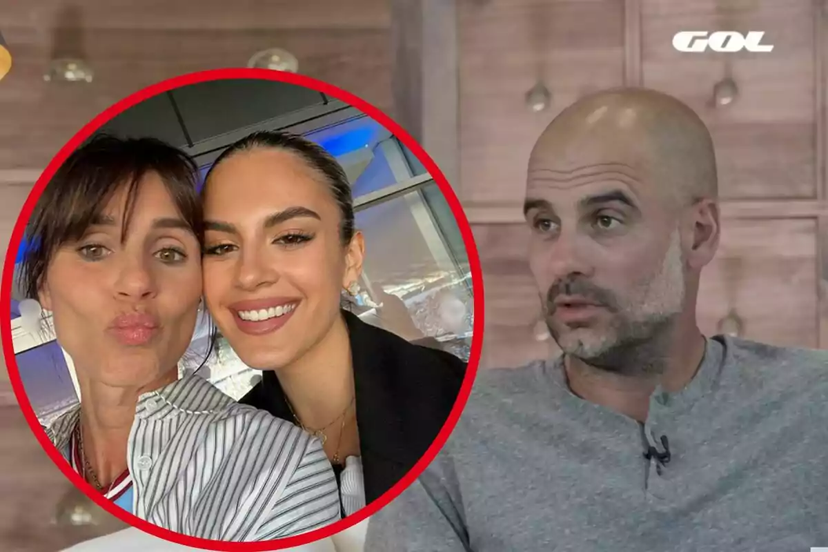 Un home calb amb barba i samarreta grisa està assegut al costat dret, mentre que a la part esquerra hi ha un cercle vermell amb la foto de dues dones somrient i posant per a una selfie.