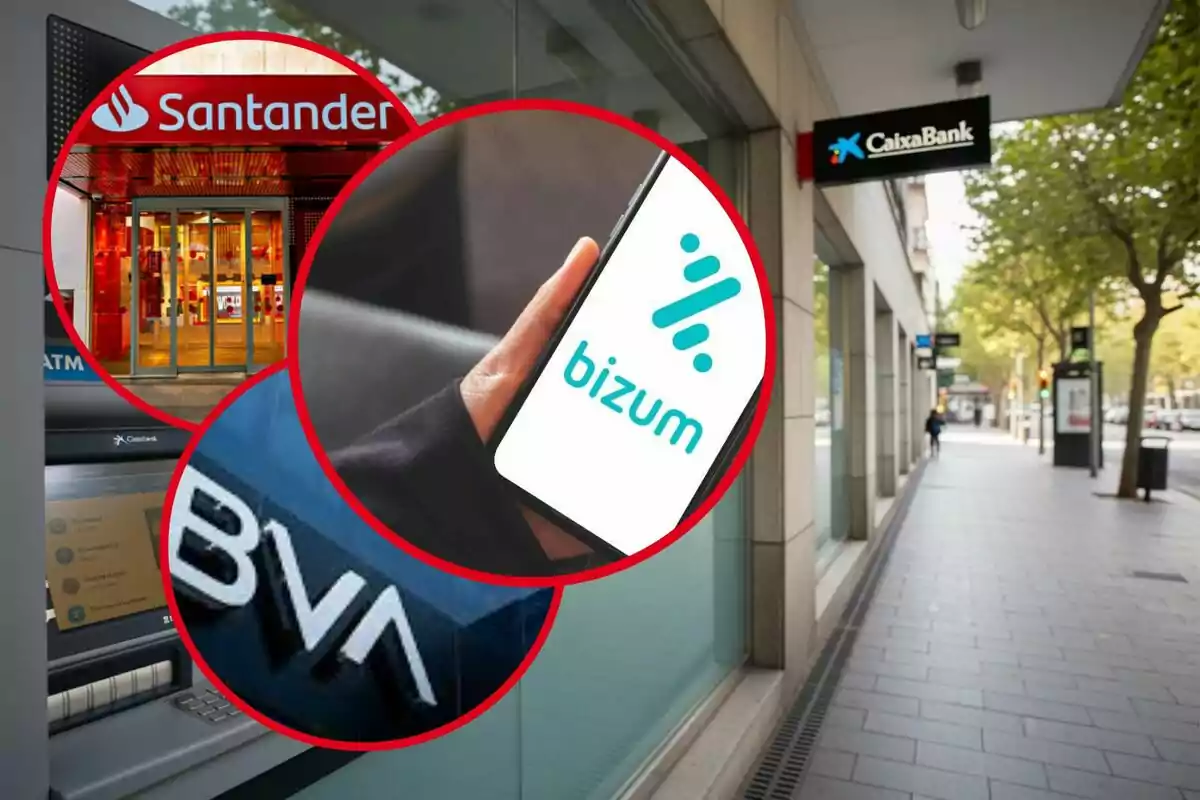Logotipos de Santander, BBVA, Bizum y CaixaBank representando servicios bancarios y pagos digitales en España