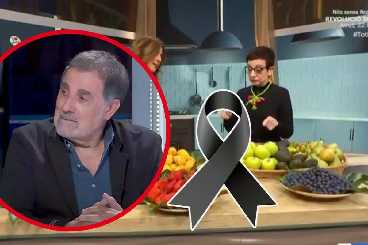 Un hombre de cabello canoso aparece en un recuadro mientras una mujer está en una cocina con frutas y un lazo negro de luto en el centro de la imagen