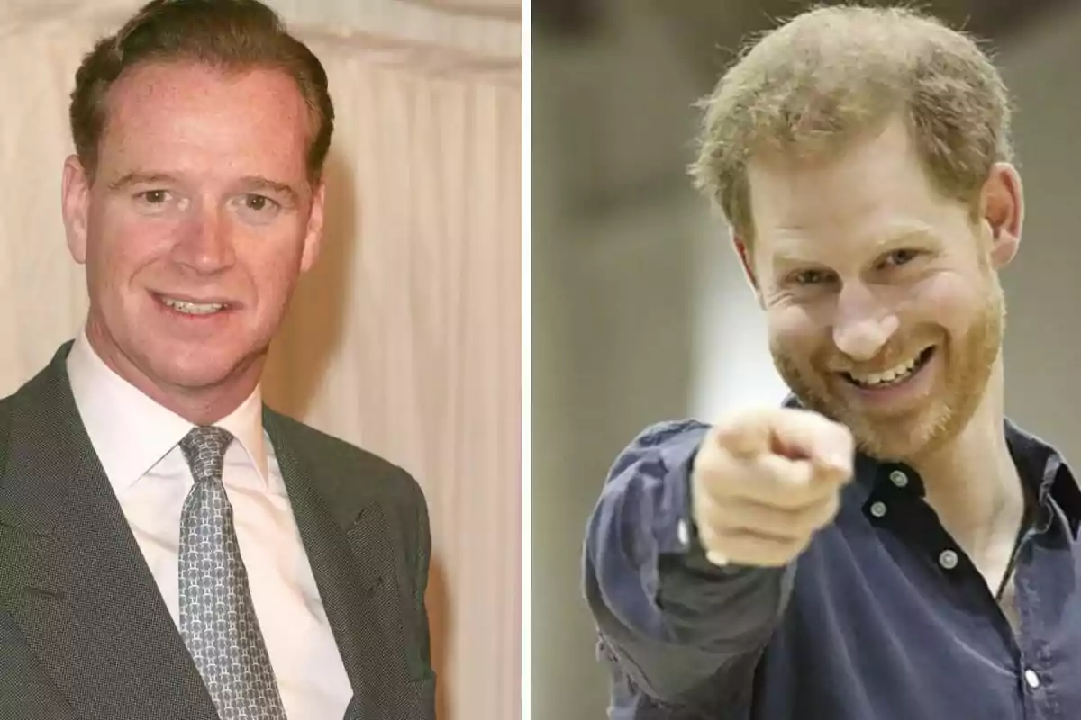 Dos hombres pelirrojos, uno vestido de traje y corbata sonriendo a la cámara y otro con camisa casual señalando y sonriendo Dos hombres pelirrojos, uno vestido de traje y corbata sonriendo a la cámara y otro con camisa casual señalando y sonriendo