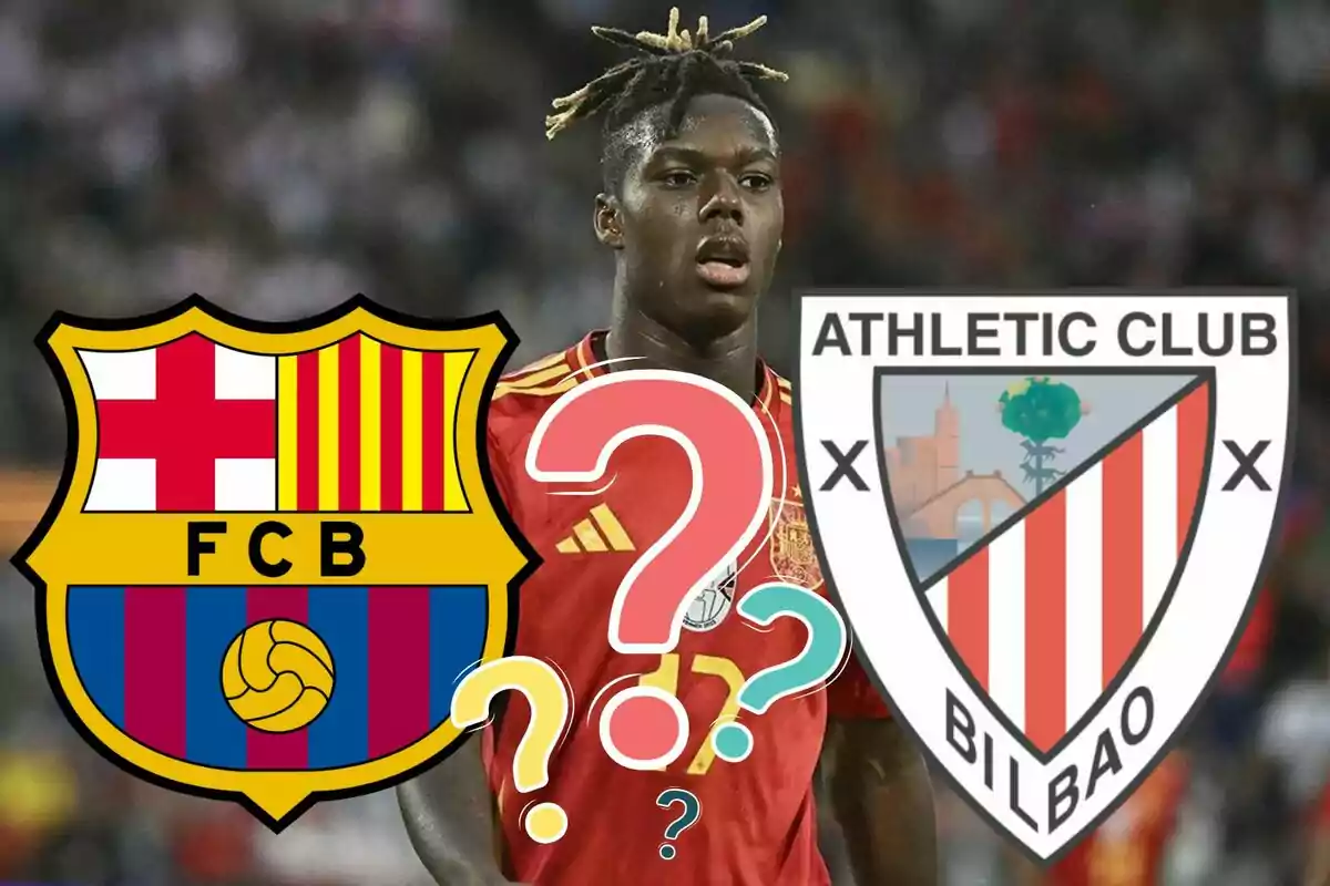 Un futbolista con uniforme de la selección española aparece en el centro, acompañado por los escudos del FC Barcelona y el Athletic Club de Bilbao, junto a varios signos de interrogación que sugieren incertidumbre sobre su futuro equipo.