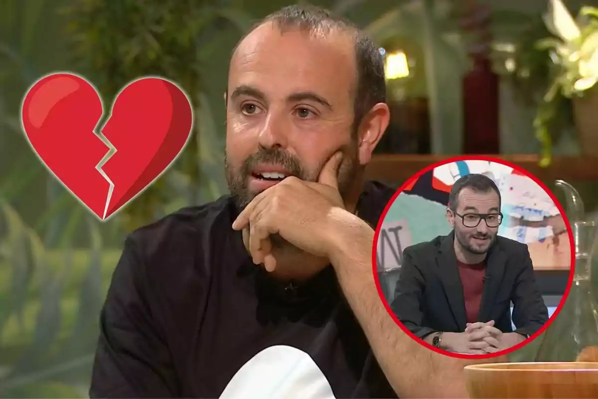 Home pensatiu amb una mà a la cara, un cor trencat dibuixat a l’esquerra i un requadre amb un altre home amb ulleres a la cantonada inferior dreta
