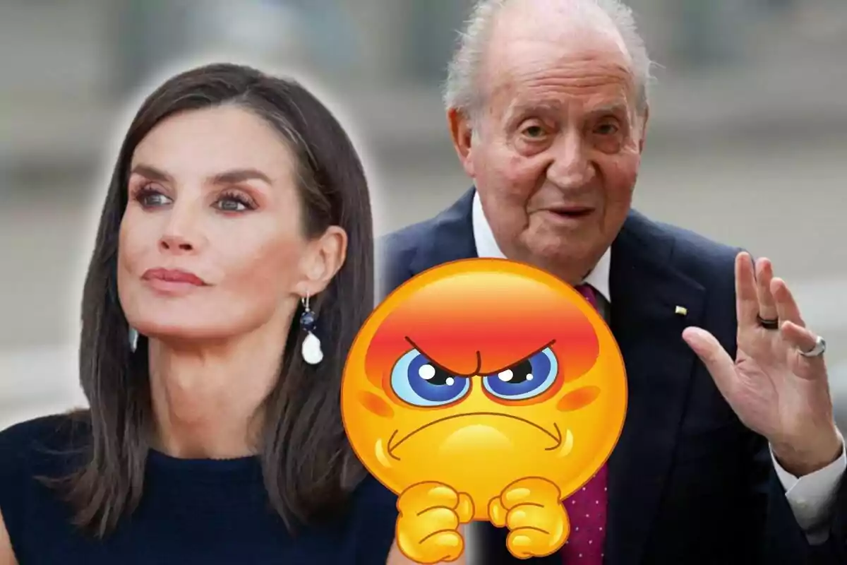 Dues persones en primer pla amb un emoji de ràbia gran al centre de la imatge