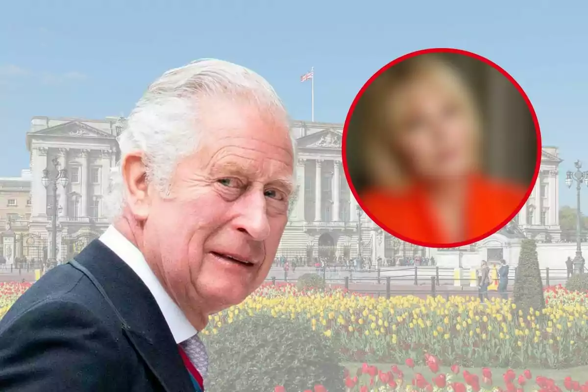 Gray-haired man in a dark suit in front of a historic building with tulip gardens and a red circle with the blurred face of a woman in the upper right corner