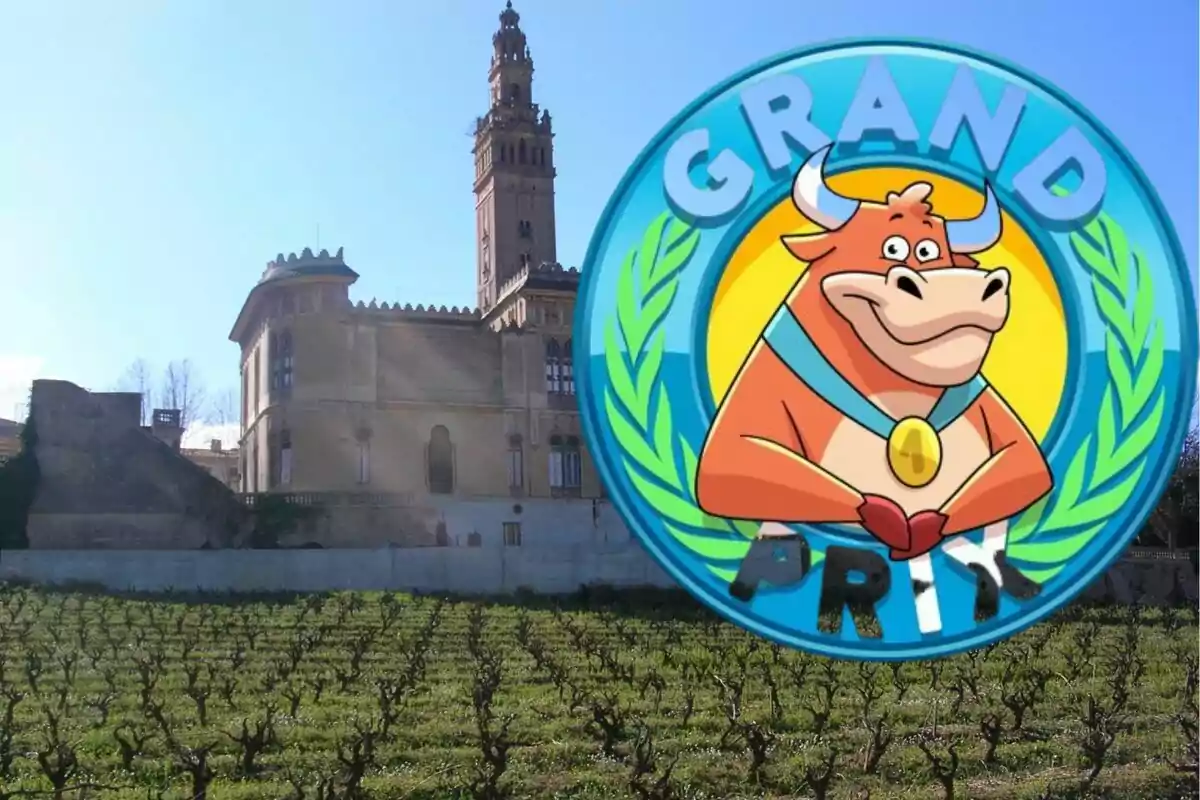 Logotip del programa Grand Prix amb una vaca somrient sobre un fons d’un edifici històric i un camp de vinyes