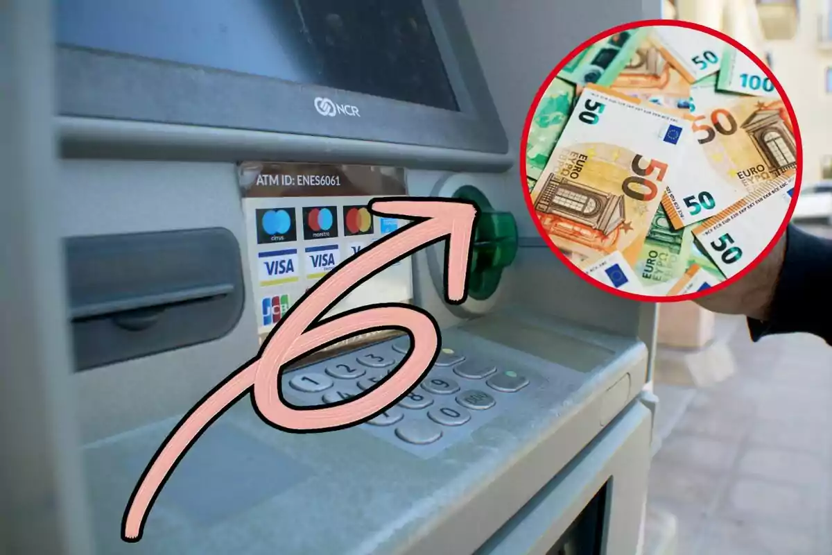 Cajero automático con una mano insertando una tarjeta y un círculo que muestra billetes de euros Cajero automático con una mano insertando una tarjeta y un círculo que muestra billetes de euros