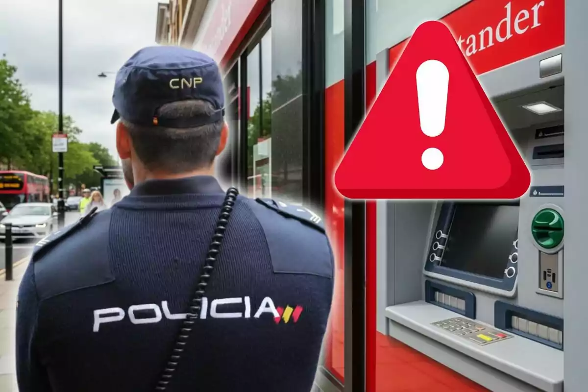 Un policía de espaldas frente a un cajero automático con un símbolo de advertencia rojo sobrepuesto