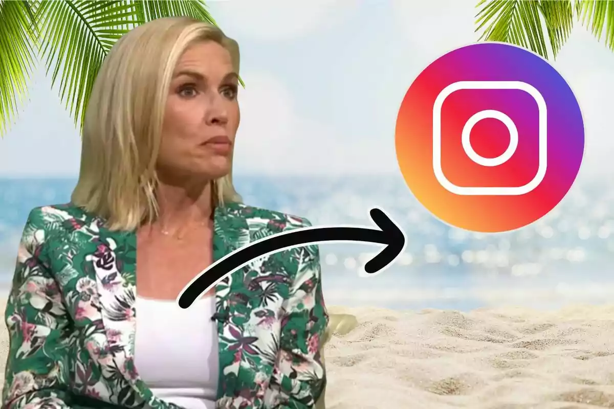 Mujer rubia con saco de flores sentada en la playa con el logo de Instagram y una flecha negra señalando hacia el logo
