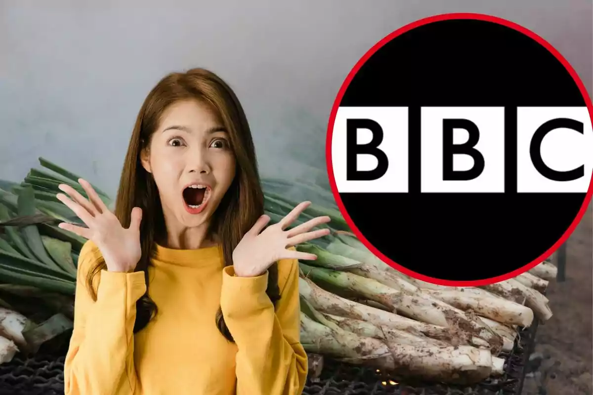 Dona sorpresa amb les mans aixecades davant d’una graella de calçots i un logotip de la BBC dins d’un cercle vermell