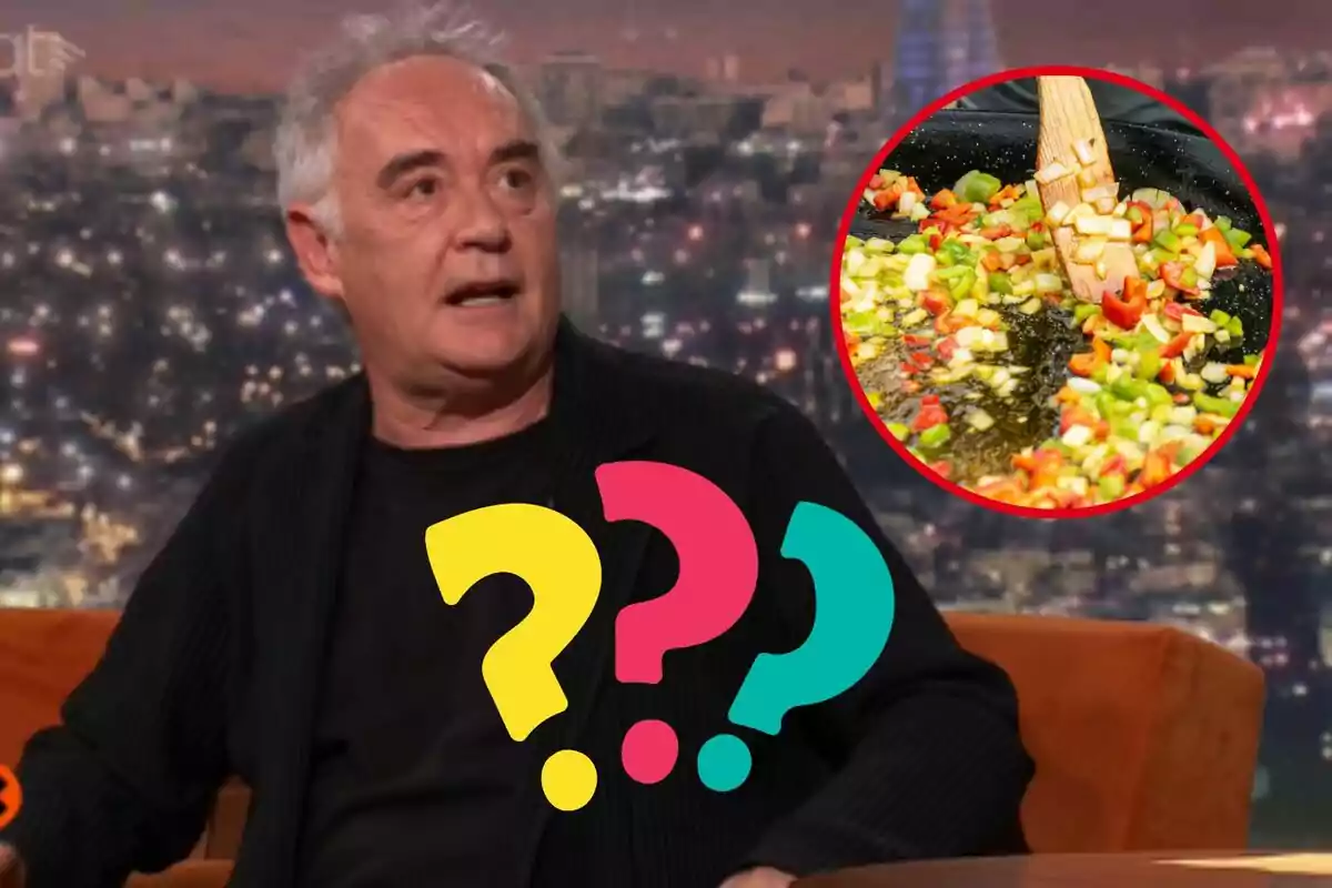 Home de cabells canosos en un programa de televisió amb signes d’interrogació de colors i un requadre que mostra verdures tallades en una paella