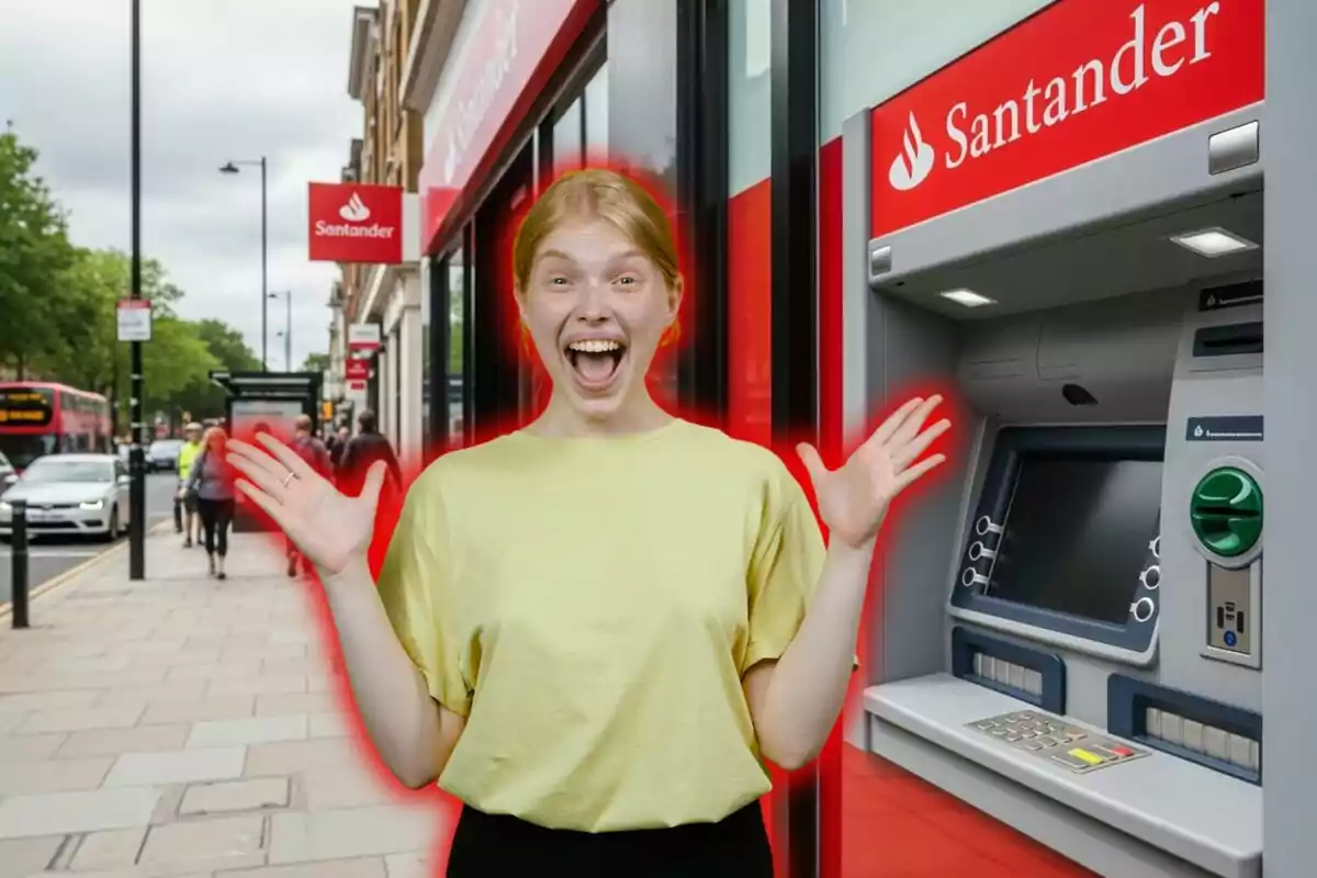 Mujer joven sonriente con expresión de sorpresa frente a un cajero automático de Santander en una calle concurrida