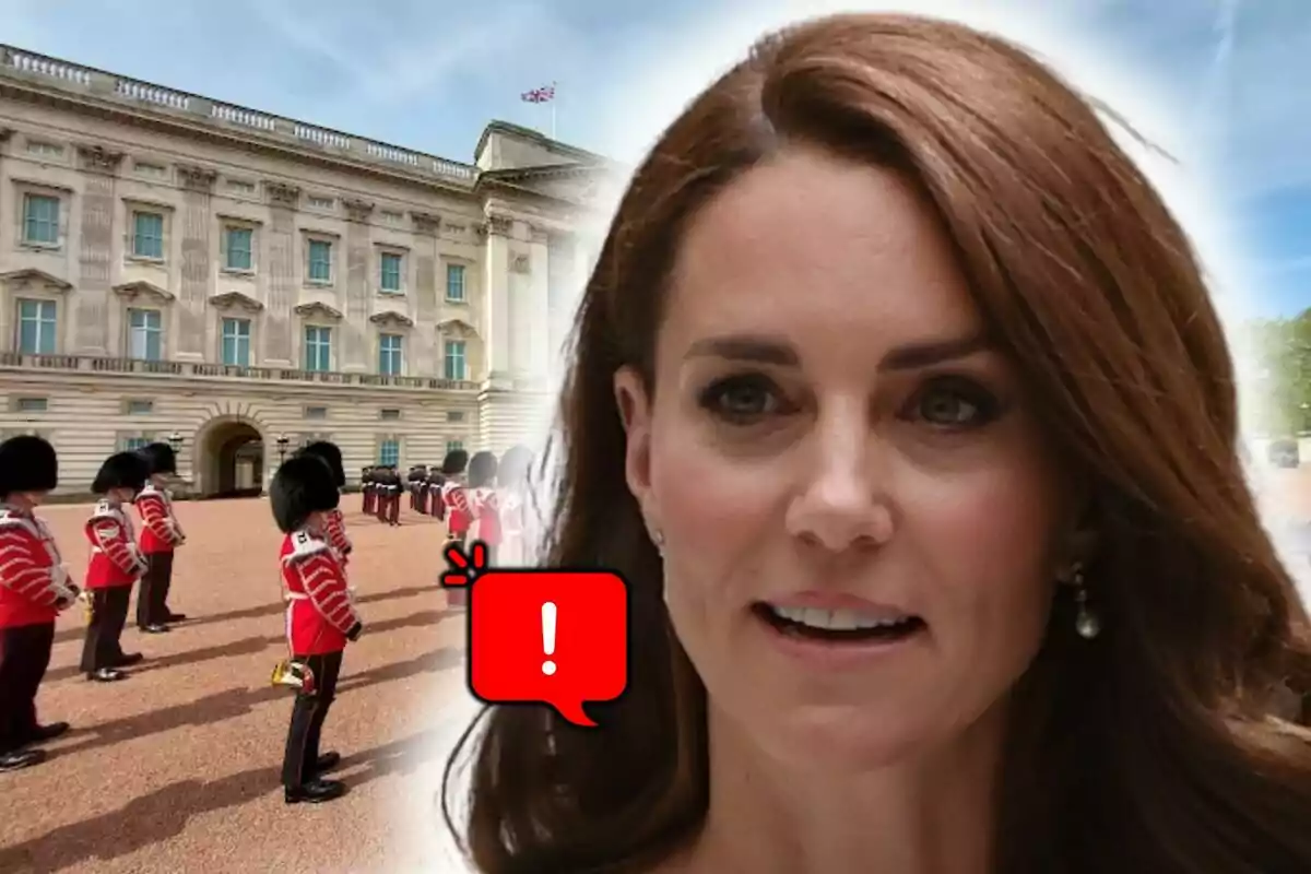 Kate Middleton apareix en primer pla amb el Palau de Buckingham i guàrdies britànics al fons al costat d’una icona d’advertència vermella.