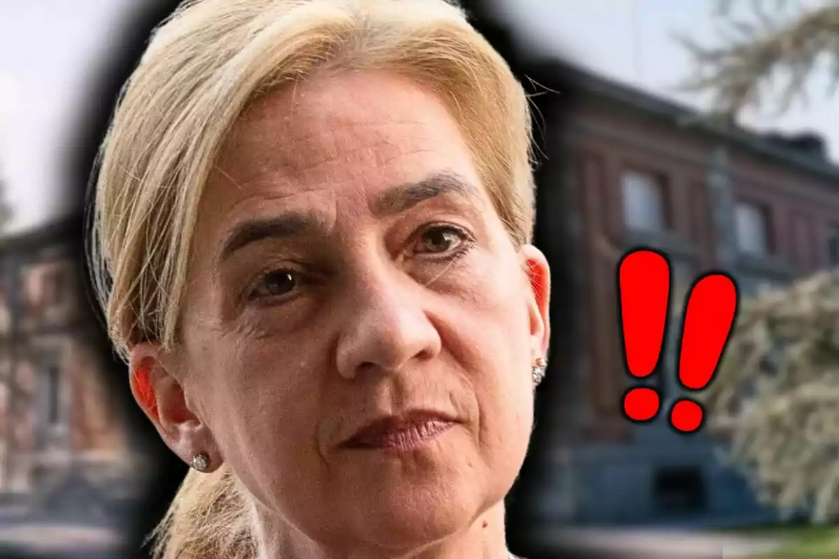 La infanta Cristina amb expressió seriosa en primer pla amb dos signes d’exclamació vermells al fons.