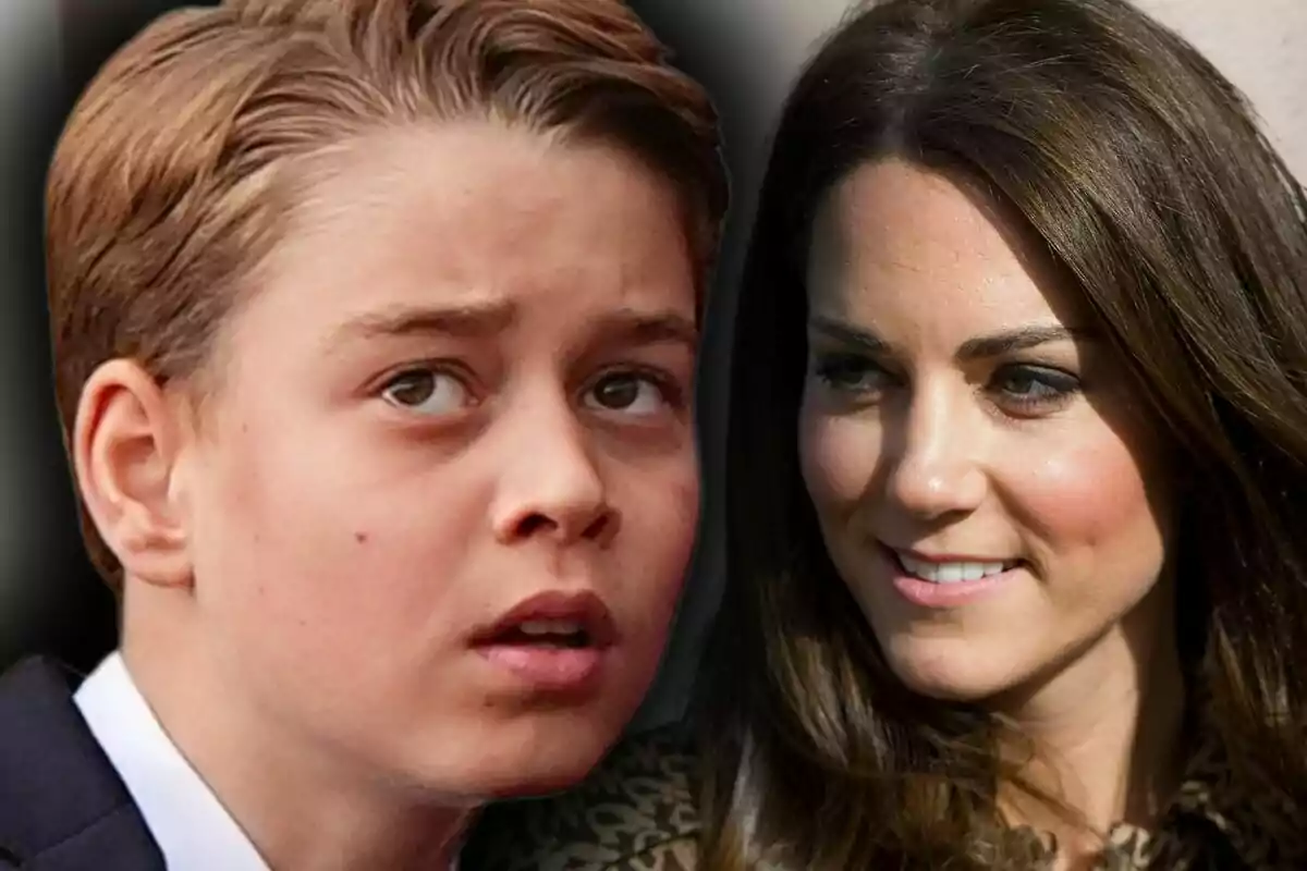 Muntatge de fotos en primer pla de la Kate Middleton somrient i el príncep George amb rostre seriós.