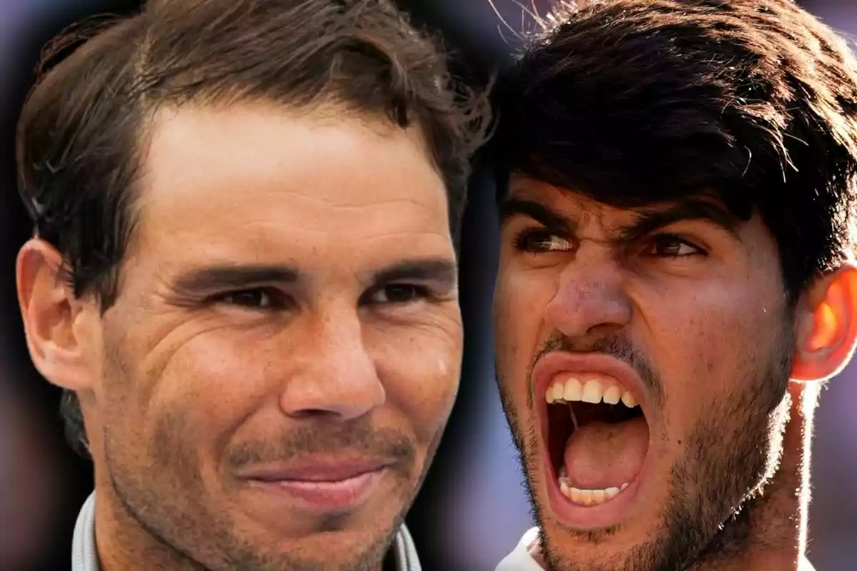 Montaje de fotos de primer plano de Rafa Nadal sonriente y Carlos Alcaraz con la boca abierta. Montaje de fotos de primer plano de Rafa Nadal sonriente y Carlos Alcaraz con la boca abierta.