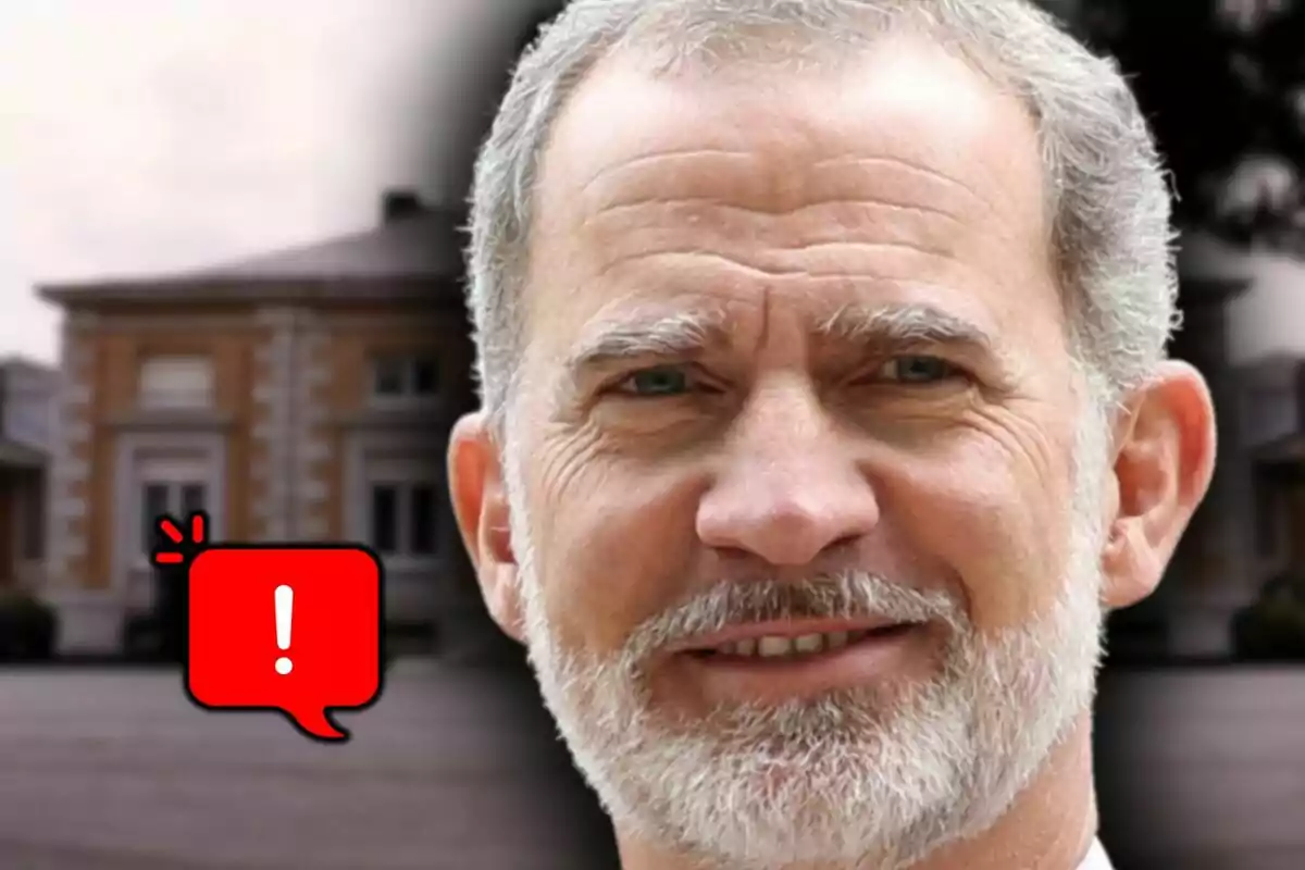 Muntatge de fotos del rei Felip VI somrient en primer pla amb el palau de la Zarzuela de fons i una icona d’advertència vermella.
